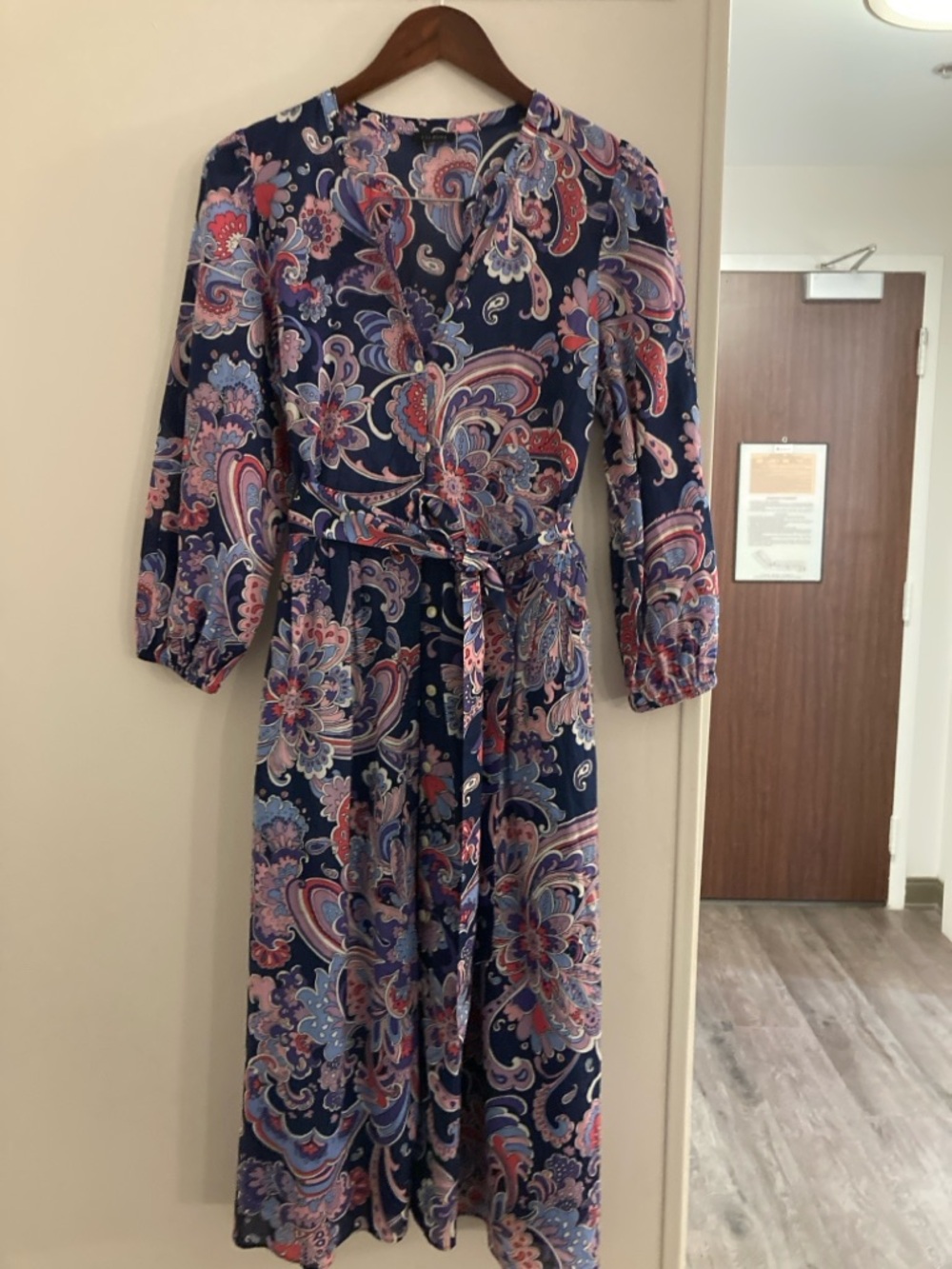 Talbots Navy Paisley Wrap Maxi Dress with Pink Accents